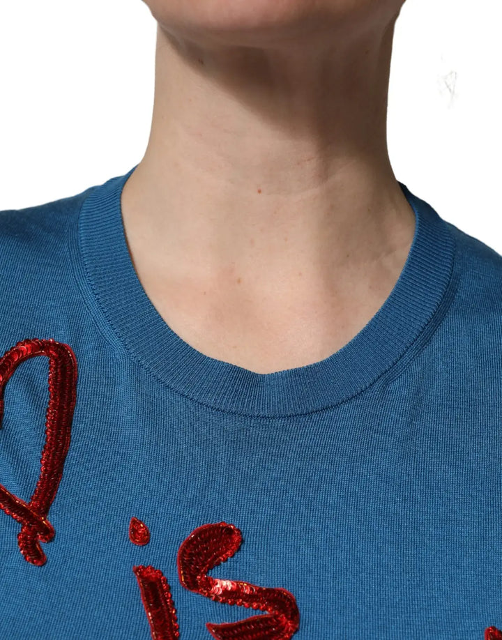 Dolce &amp; Gabbana Blue Silk Sequined CrewNeck Pullover Sweater