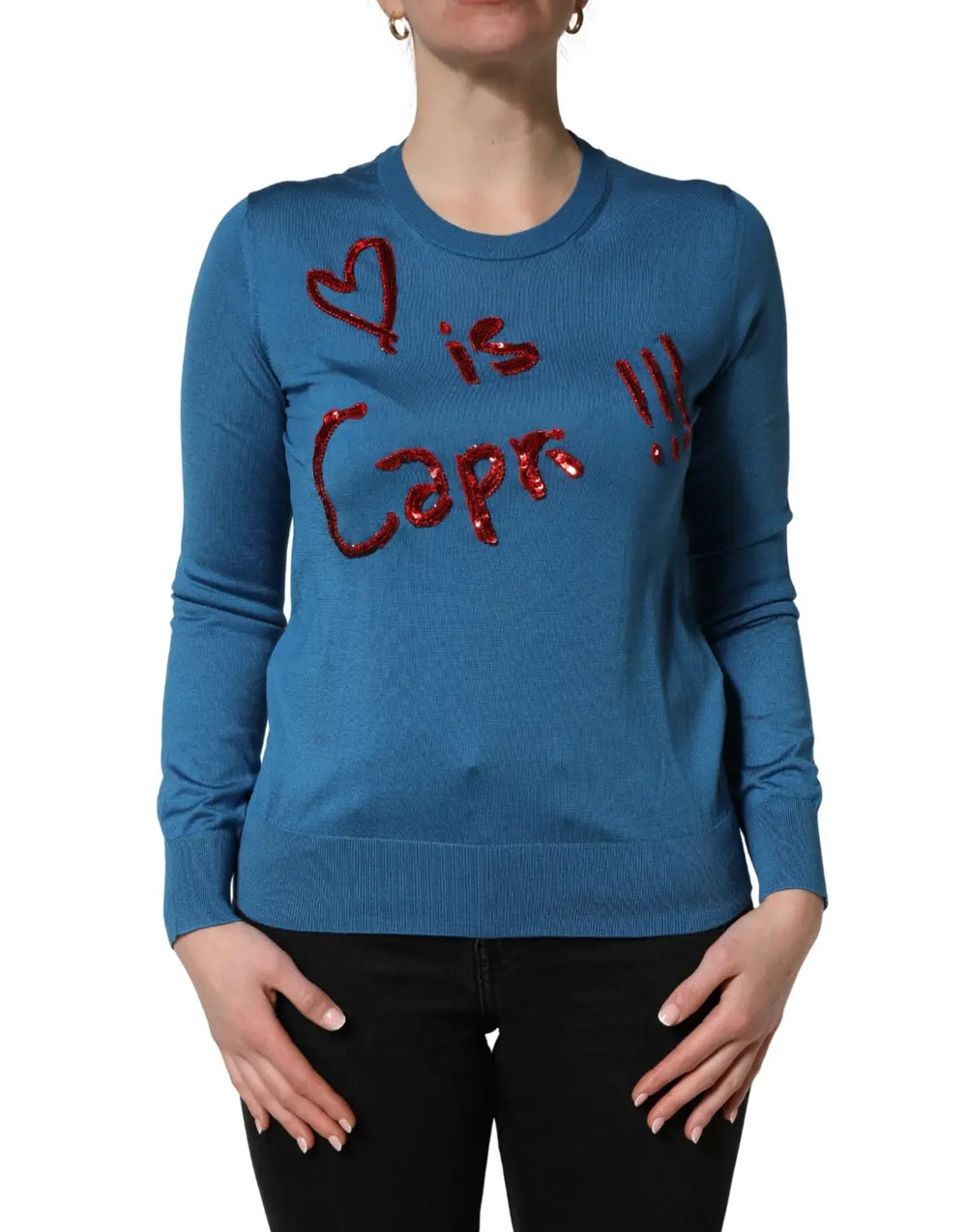 Dolce & Gabbana Blue Silk Sequined CrewNeck Pullover Sweater