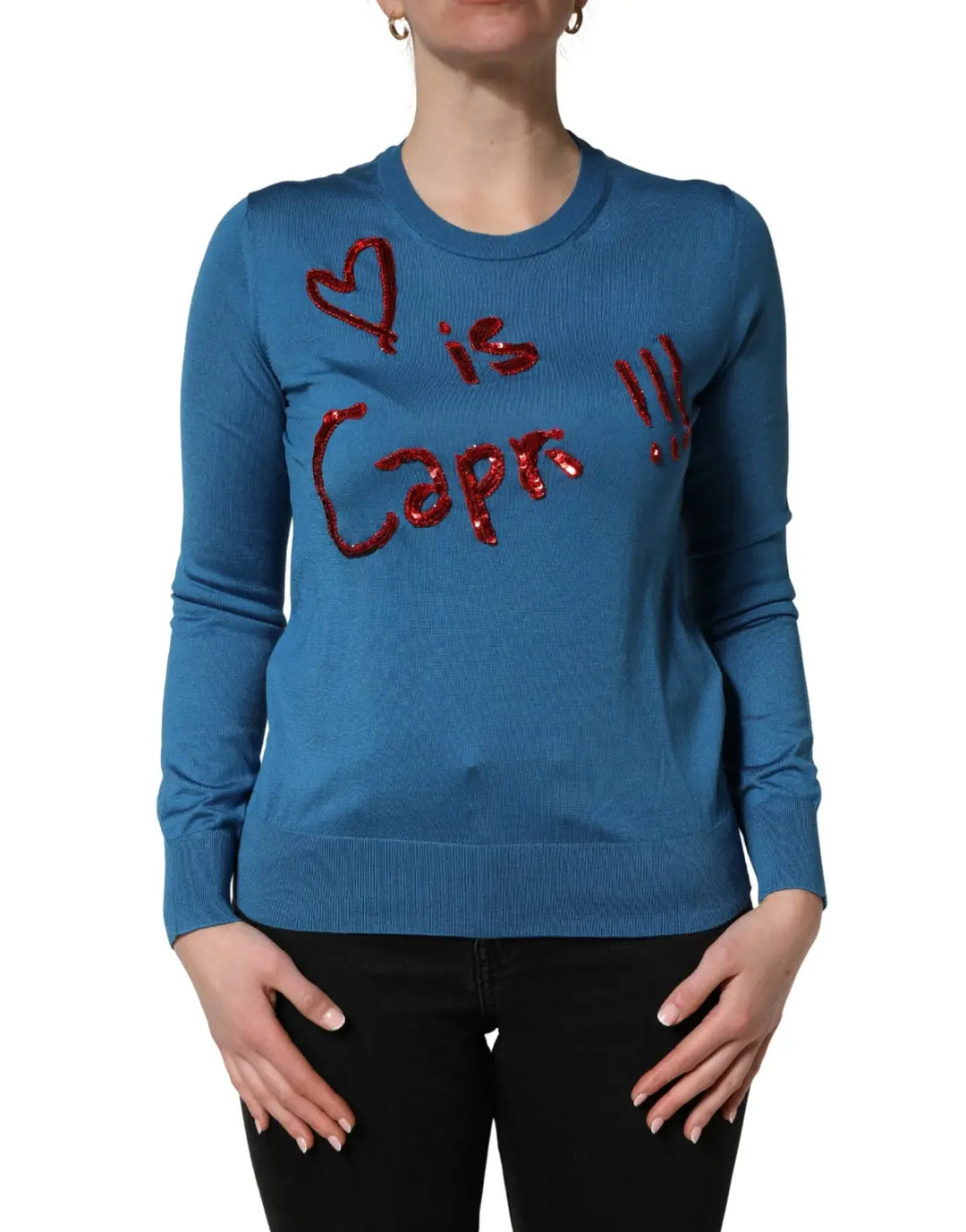 Dolce &amp; Gabbana Blue Silk Sequined CrewNeck Pullover Sweater