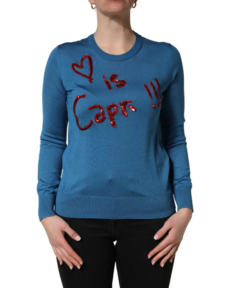 Dolce &amp; Gabbana Blue Silk Sequined CrewNeck Pullover Sweater