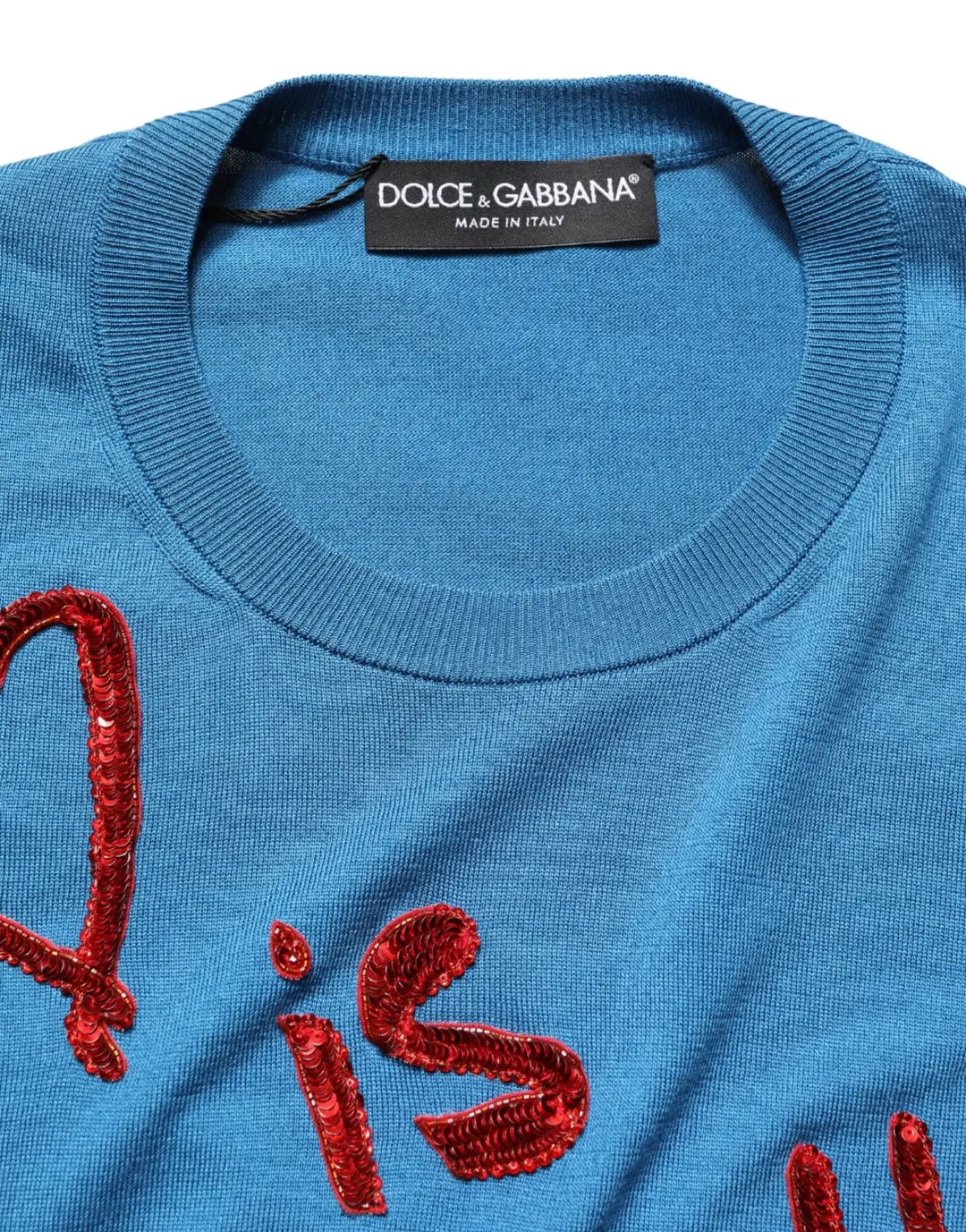 Dolce &amp; Gabbana Blue Silk Sequined CrewNeck Pullover Sweater