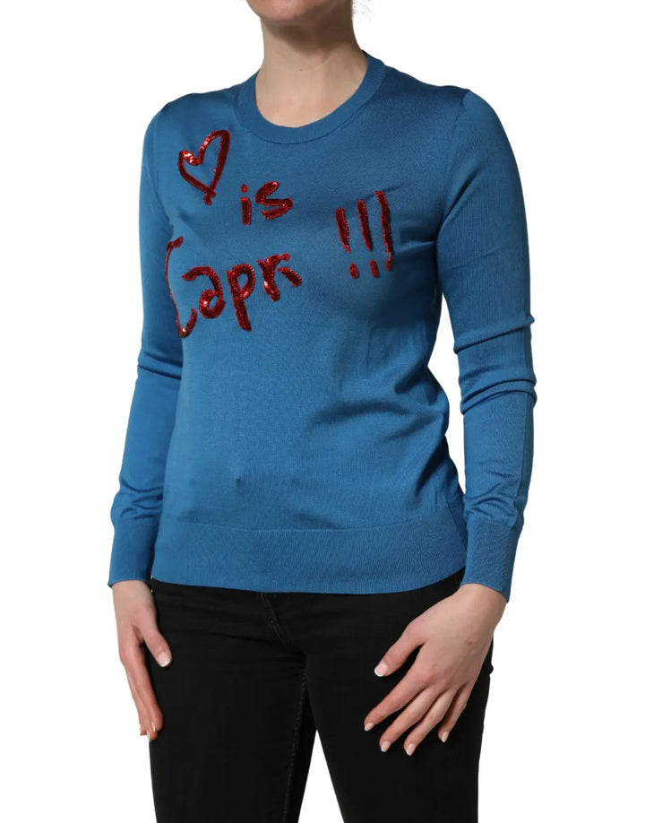 Dolce &amp; Gabbana Blue Silk Sequined CrewNeck Pullover Sweater