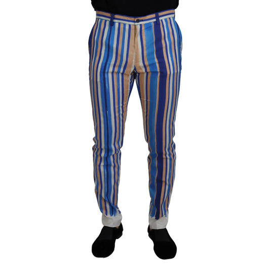 Dolce & Gabbana Blue Striped Silk Cotton Slim Trousers Pants