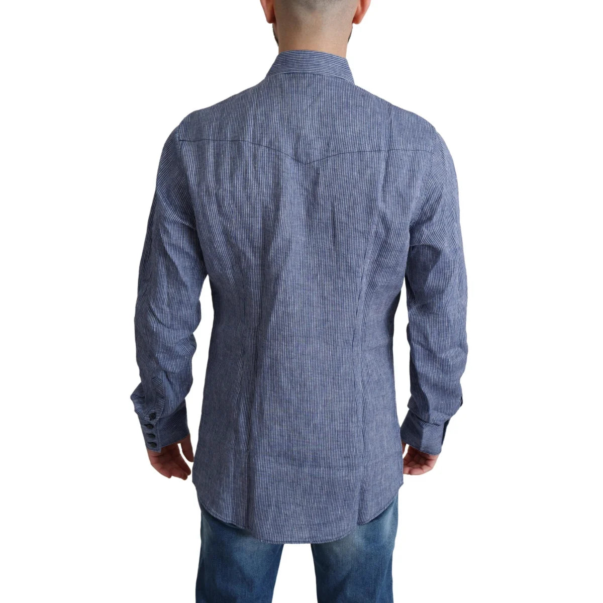 Dolce and Gabbana Blue Stripes Men Casual Shirt with Gold Buttons &