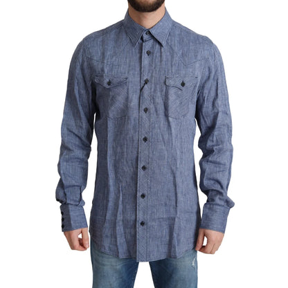 Dolce and Gabbana Blue Stripes Men Casual Shirt with Gold Buttons &