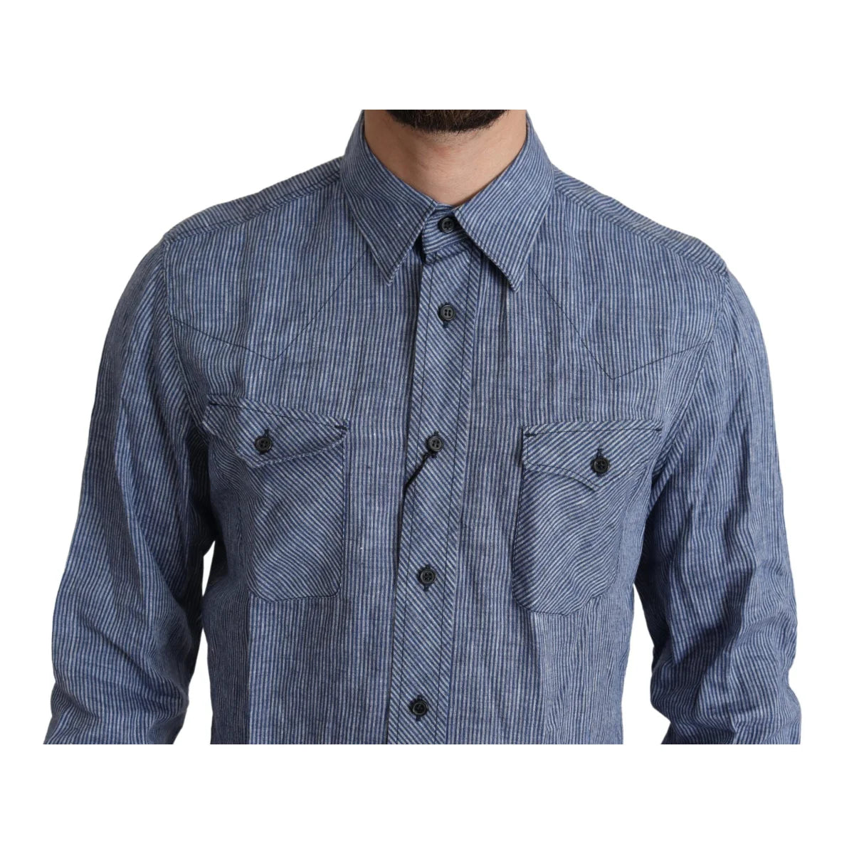 Dolce and Gabbana Blue Stripes Men Casual Shirt with Gold Buttons &