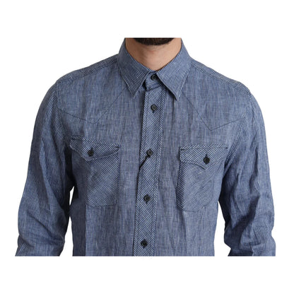 Dolce and Gabbana Blue Stripes Men Casual Shirt with Gold Buttons &