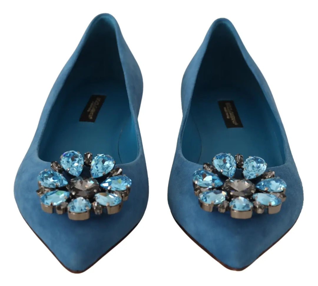 Dolce &amp; Gabbana Blue Suede Crystals Loafers Flats Shoes