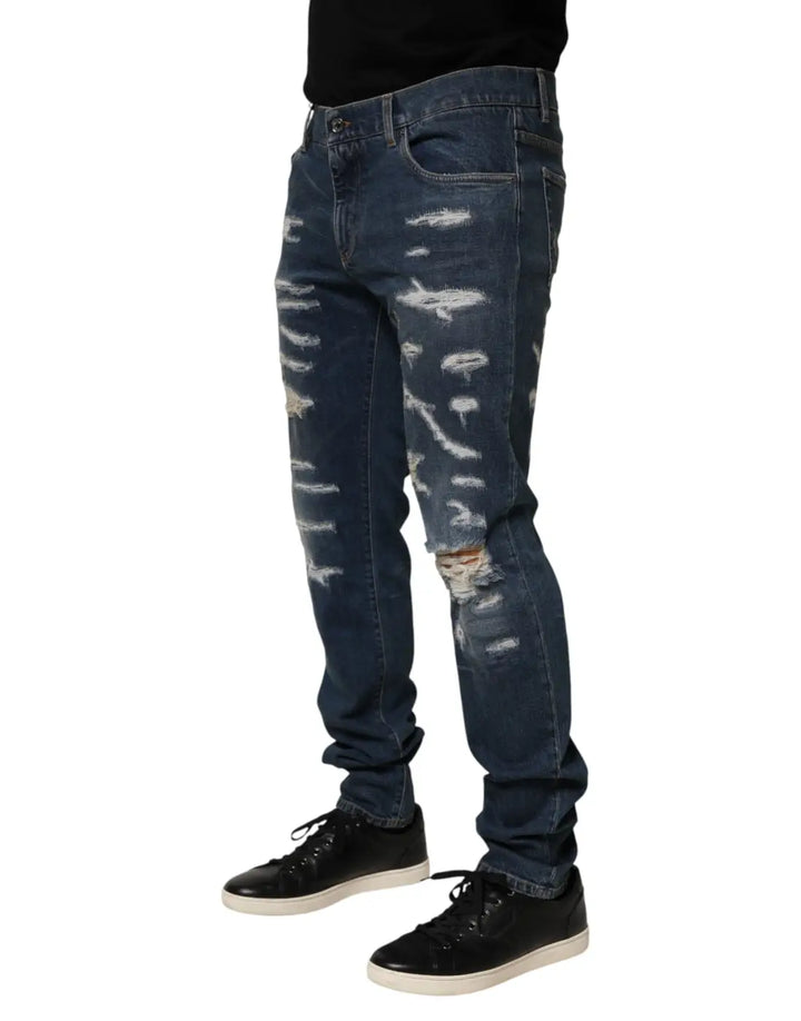 Dolce &amp; Gabbana Blue Tattered Cotton Skinny Men Denim Jeans