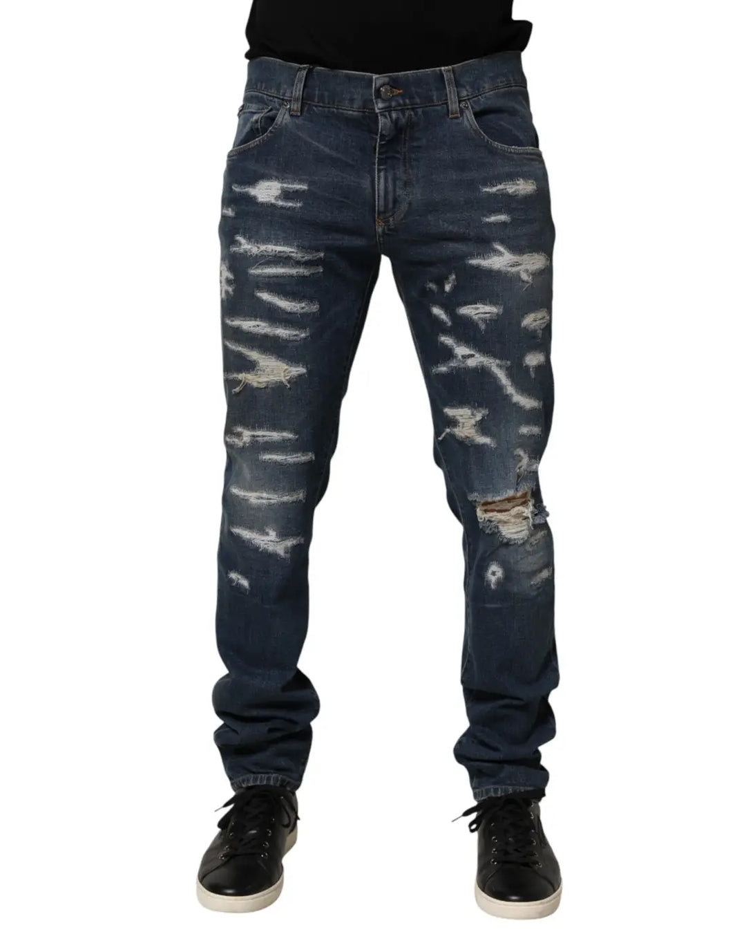 Dolce &amp; Gabbana Blue Tattered Cotton Skinny Men Denim Jeans
