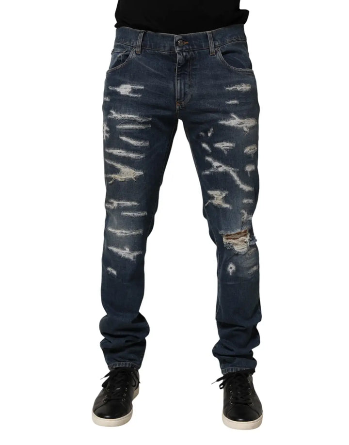 Dolce &amp; Gabbana Blue Tattered Cotton Skinny Men Denim Jeans