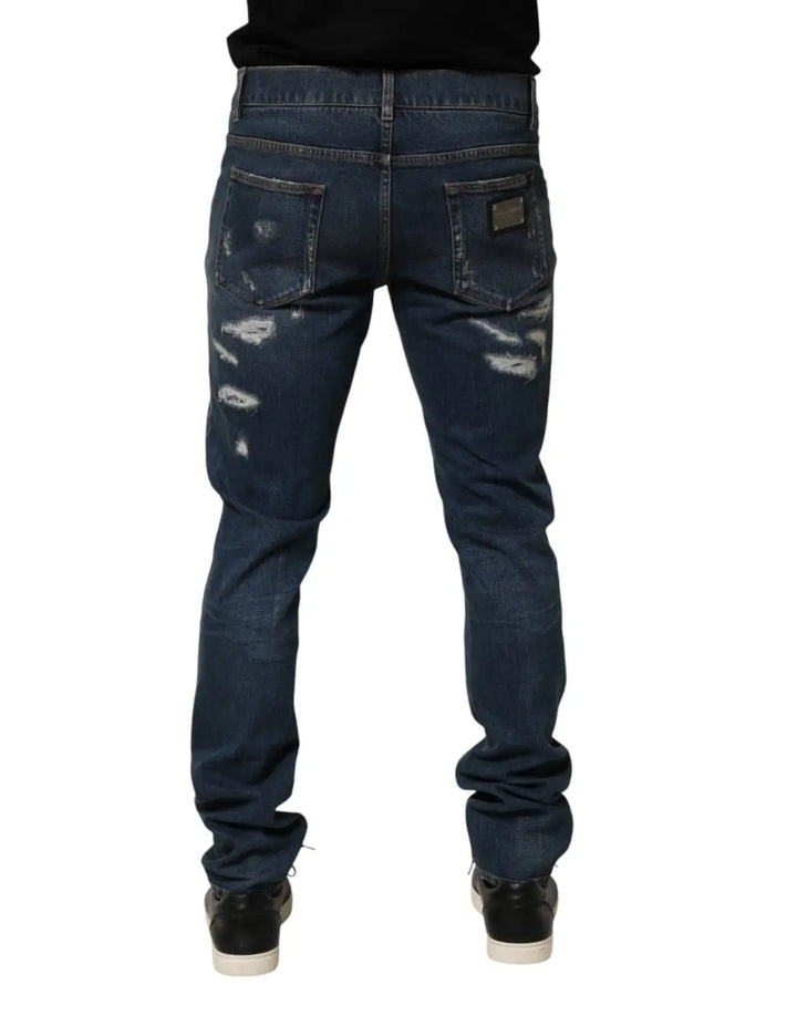 Dolce &amp; Gabbana Blue Tattered Cotton Skinny Men Denim Jeans