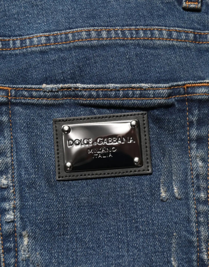 Dolce &amp; Gabbana Blue Tattered Cotton Skinny Men Denim Jeans