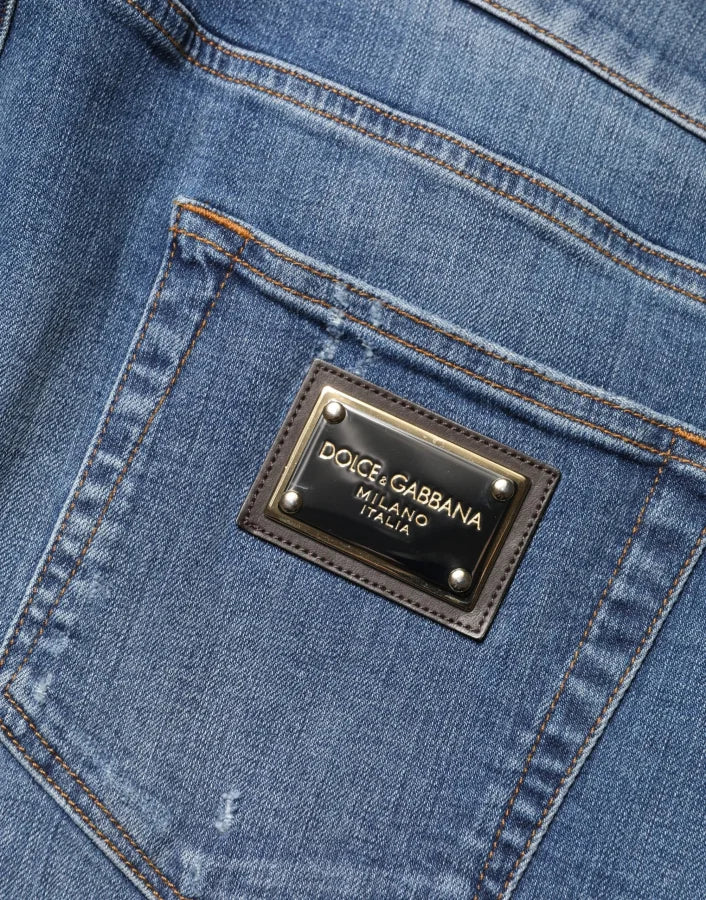 Dolce &amp; Gabbana Blue Tattered Skinny Cotton Denim Jeans
