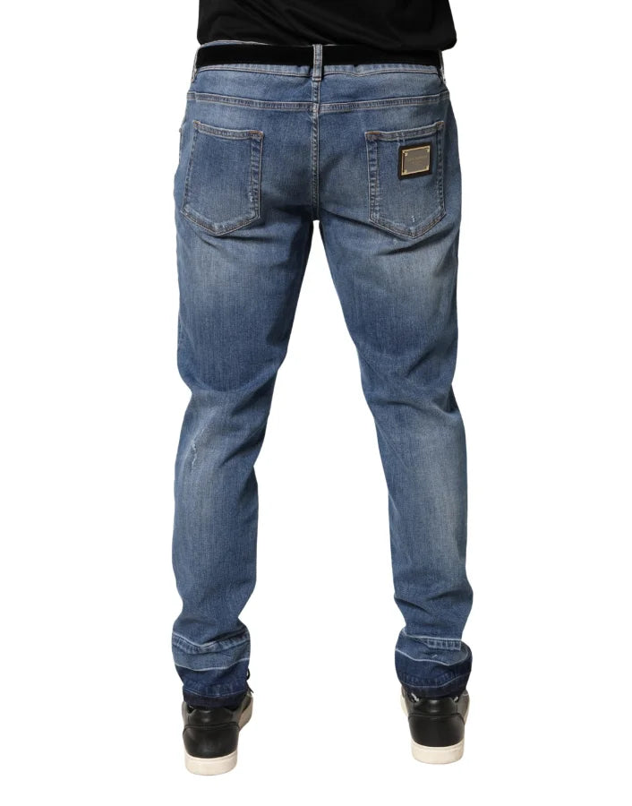 Dolce &amp; Gabbana Blue Tattered Skinny Cotton Denim Jeans