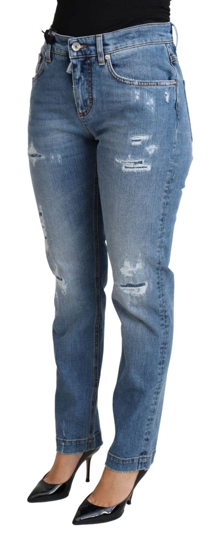 Dolce &amp; Gabbana Blue Tattered Skinny Denim Cotton Blend Jeans