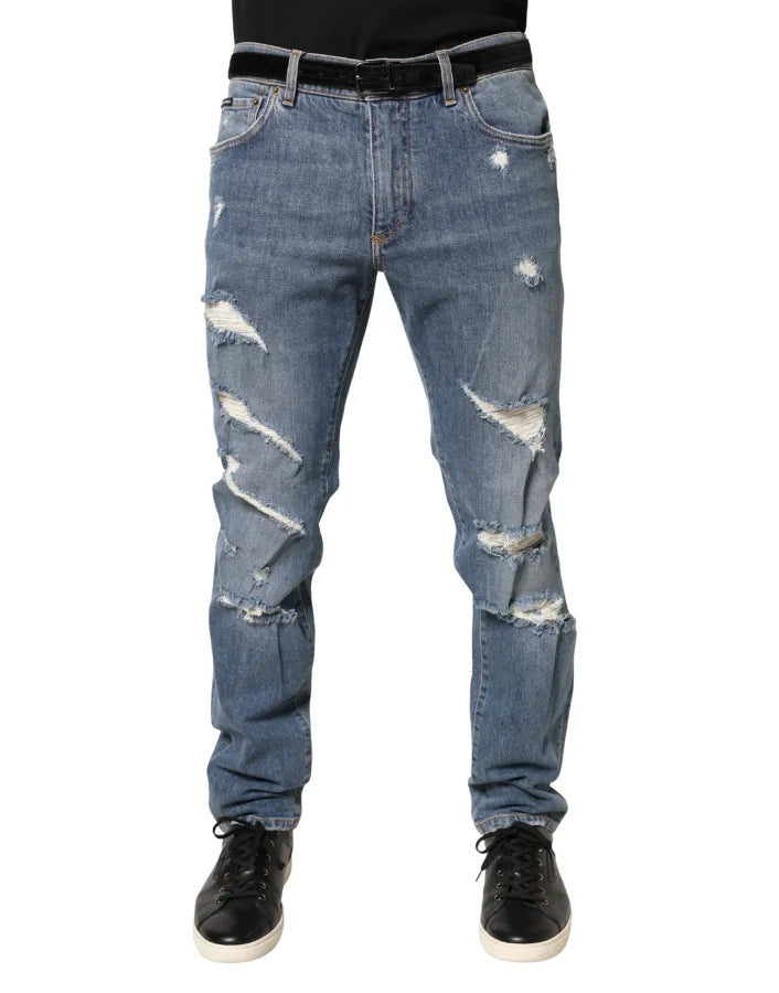 Dolce &amp; Gabbana Blue Tattered Slim Fit Cotton Denim Jeans