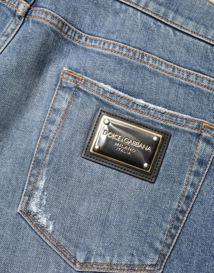 Dolce &amp; Gabbana Blue Tattered Slim Fit Cotton Denim Jeans