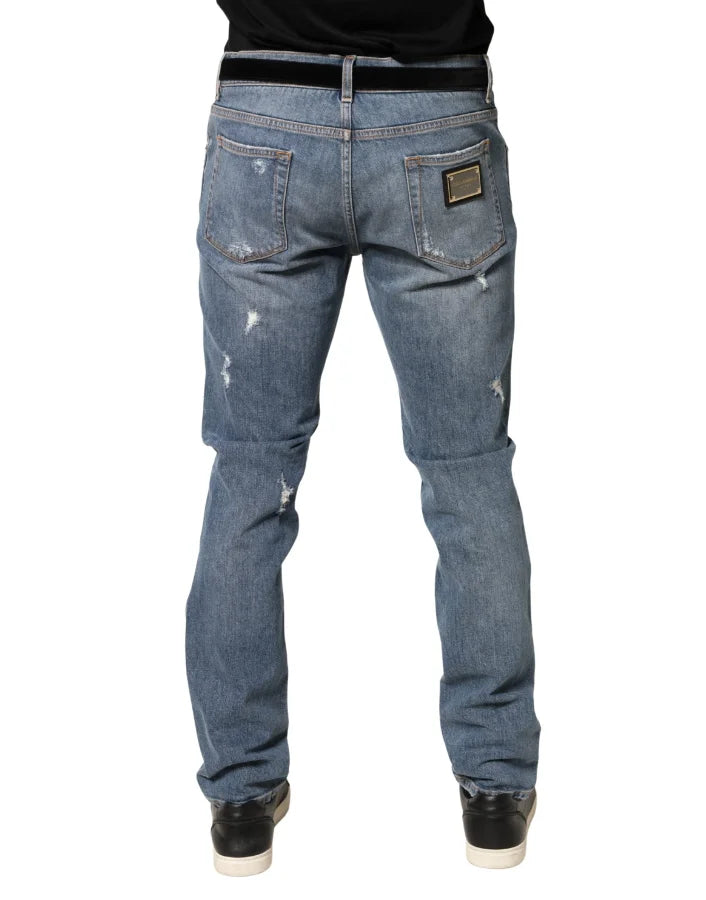 Dolce &amp; Gabbana Blue Tattered Slim Fit Cotton Denim Jeans