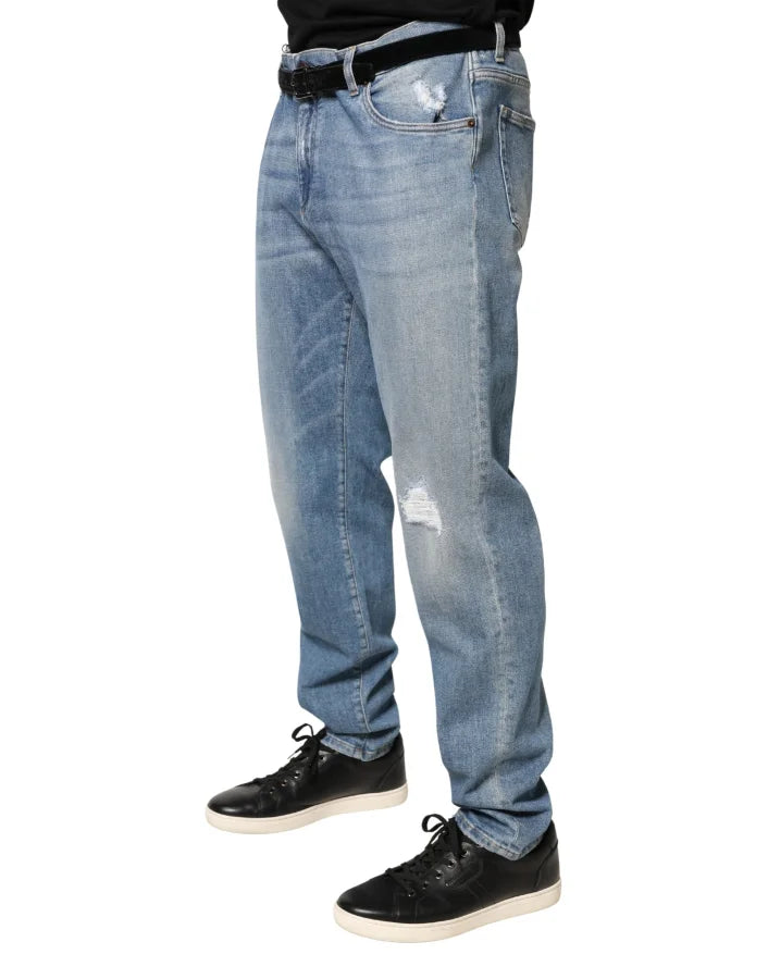 Dolce &amp; Gabbana Blue Tattered Slim Fit Men Cotton Denim Jeans