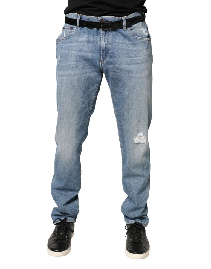 Dolce &amp; Gabbana Blue Tattered Slim Fit Men Cotton Denim Jeans