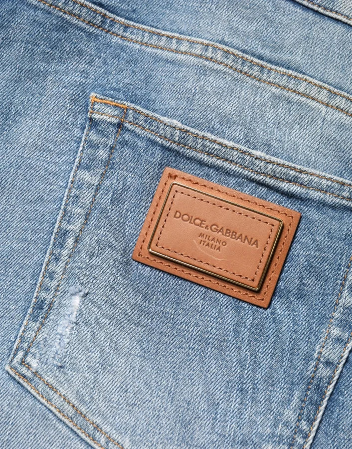 Dolce &amp; Gabbana Blue Tattered Slim Fit Men Cotton Denim Jeans