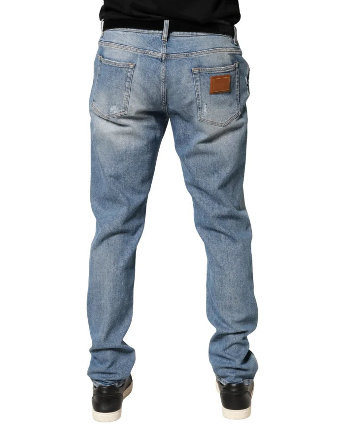 Dolce &amp; Gabbana Blue Tattered Slim Fit Men Cotton Denim Jeans