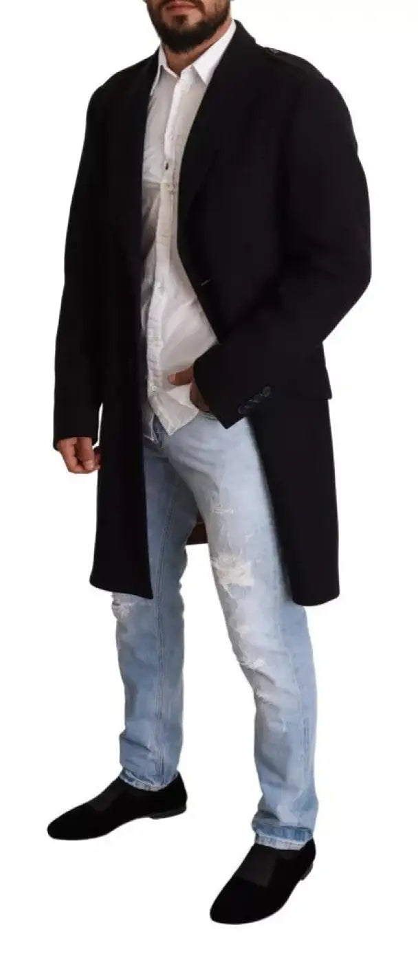 Dolce &amp; Gabbana Blue Trench Coat Long Wool Stretch Jacket