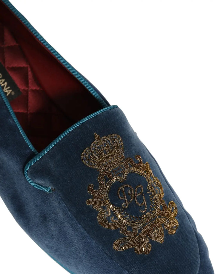 Dolce &amp; Gabbana Blue Velvet Crown Embroidery Loafers Shoes