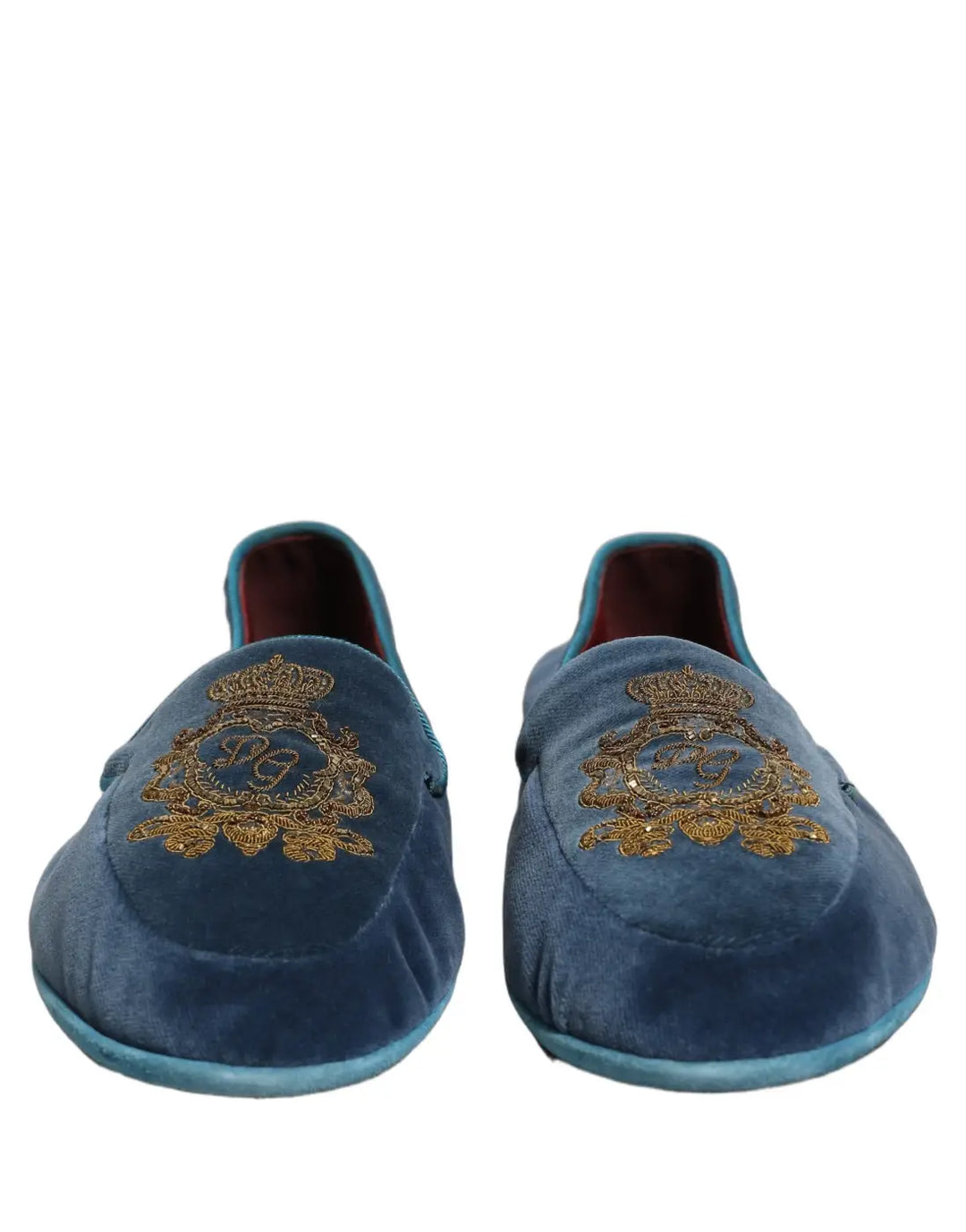 Dolce &amp; Gabbana Blue Velvet Crown Embroidery Loafers Shoes
