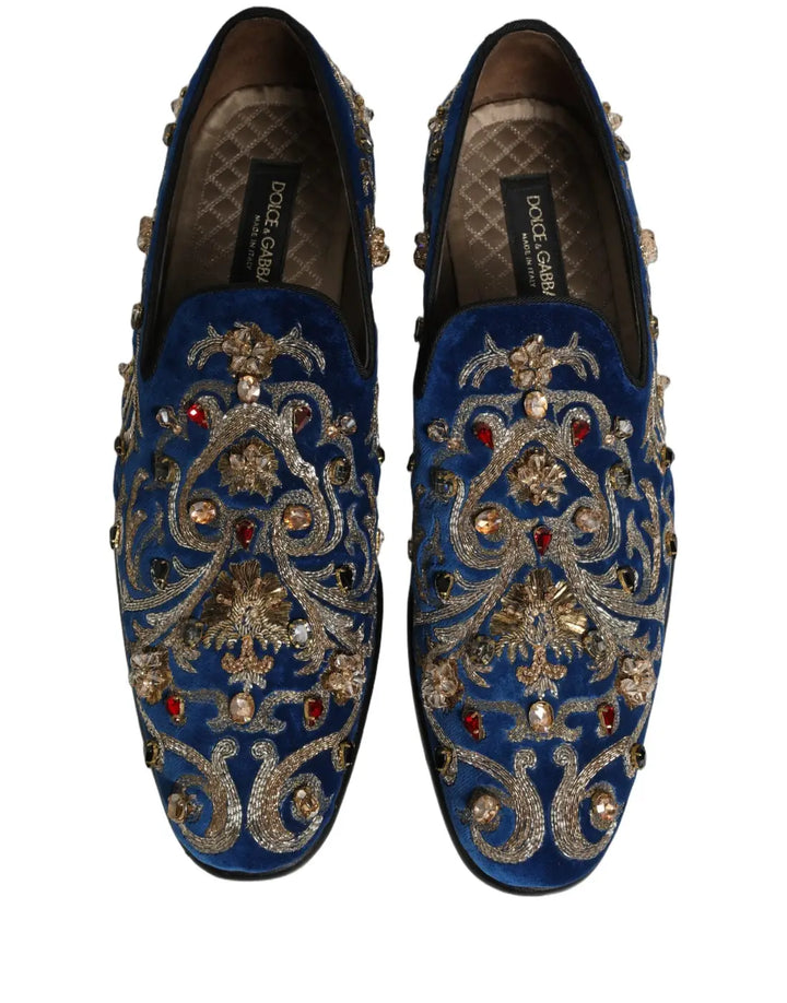 Dolce &amp; Gabbana Blue Velvet Embellished Dress Loafers Shoes