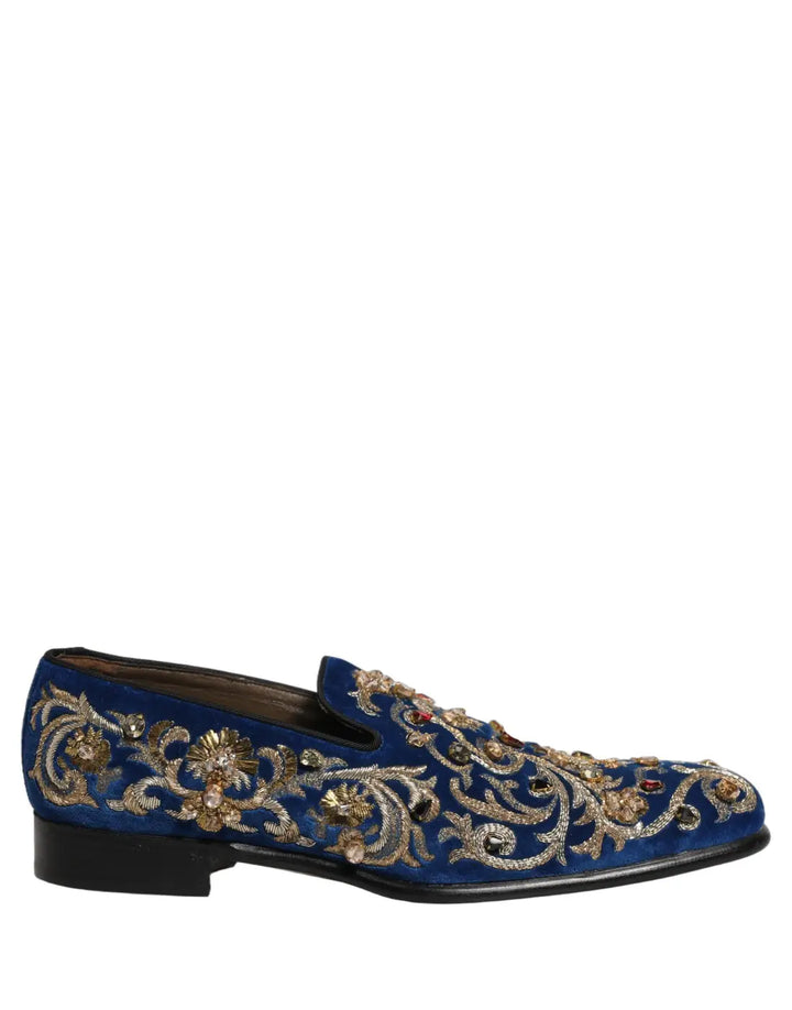 Dolce &amp; Gabbana Blue Velvet Embellished Dress Loafers Shoes