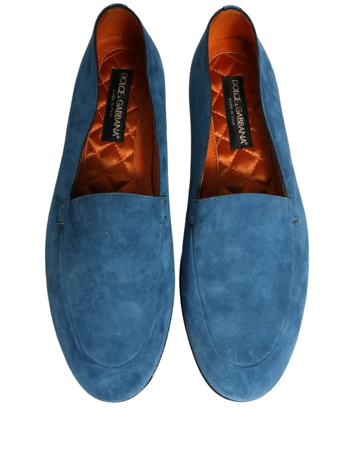 Dolce &amp; Gabbana Blue Velvet Slip On Men Flats Loafers Shoes
