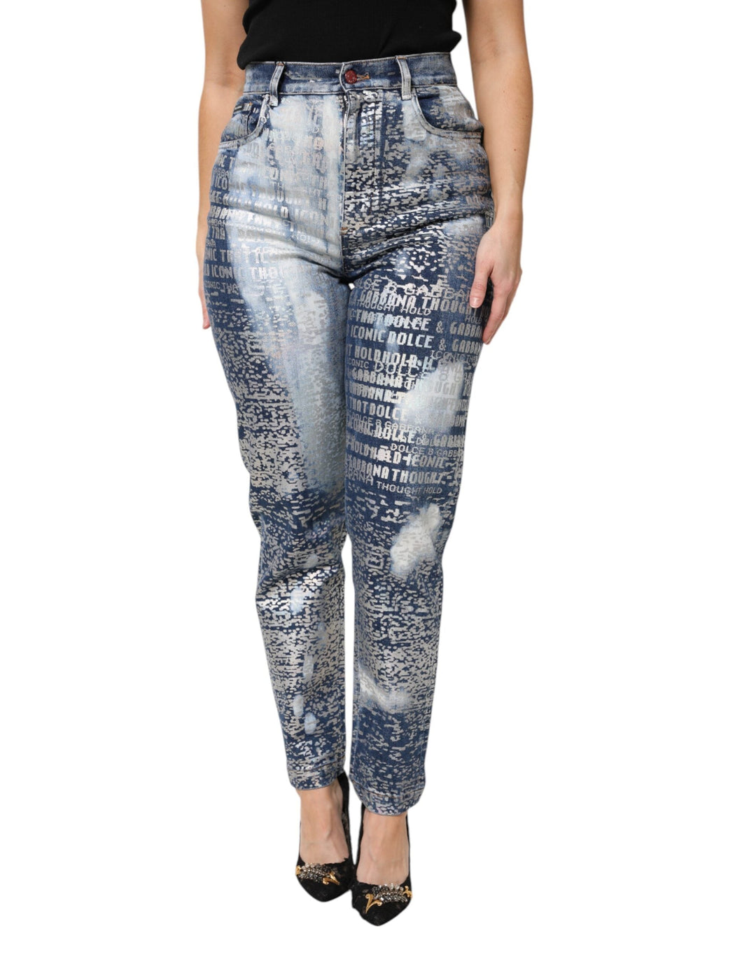 Dolce &amp; Gabbana Blue Washed Print High Waist Denim Jeans