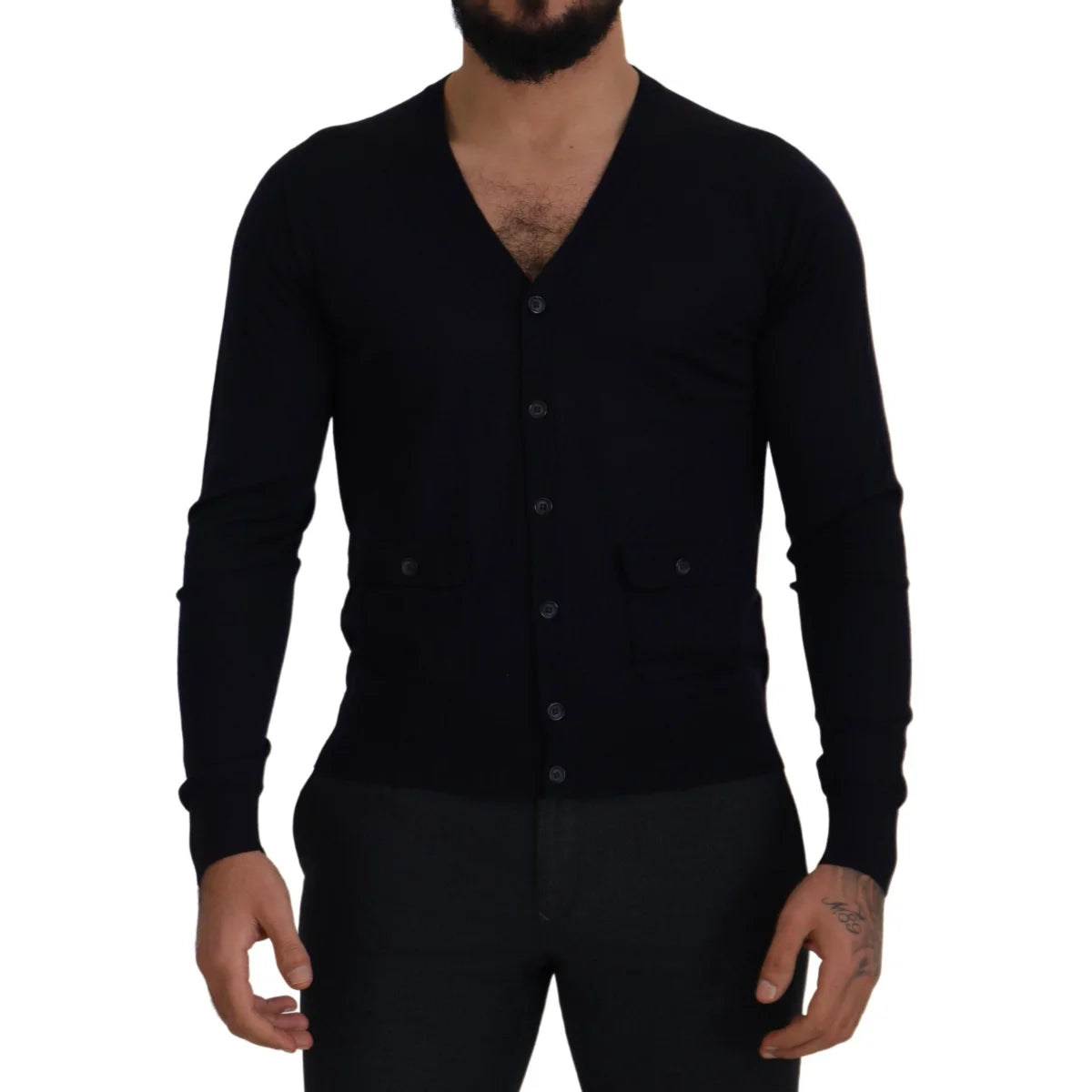 Dolce & Gabbana Blue Wool STAFF Down Cardigan Sweater