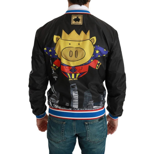 Dolce & Gabbana Bomber Jacket Black Multicolor Motive Pig Family Collection