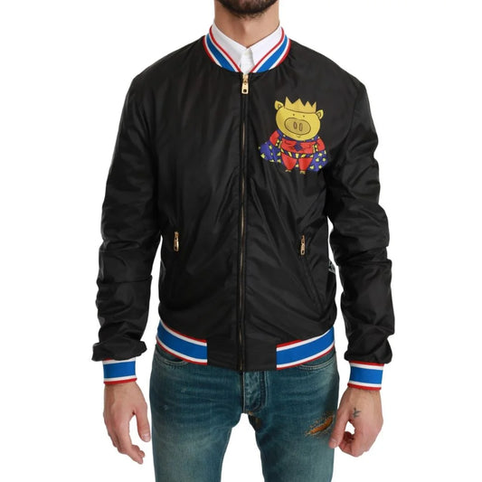 Dolce & Gabbana Bomber Jacket Black Multicolor Motive Pig Family Collection