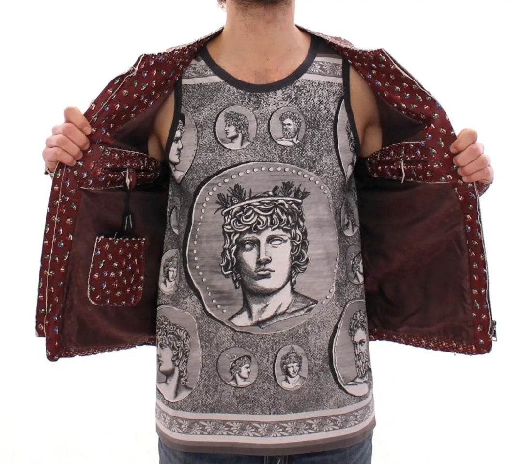 Dolce &amp; Gabbana Bordeaux Leather Boxer Print Jacket Coat