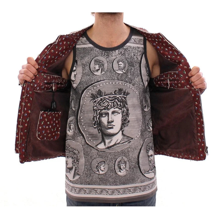 Dolce & Gabbana Bordeaux Leather Boxer Print Jacket Coat