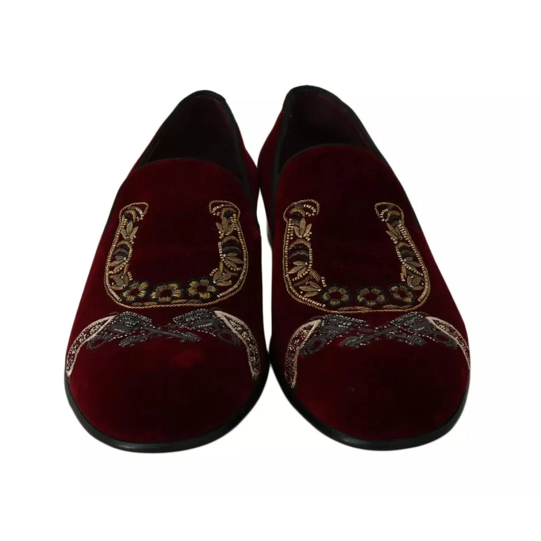 Dolce & Gabbana Bordeaux Velvet Loafers Gun Horseshoe Shoes