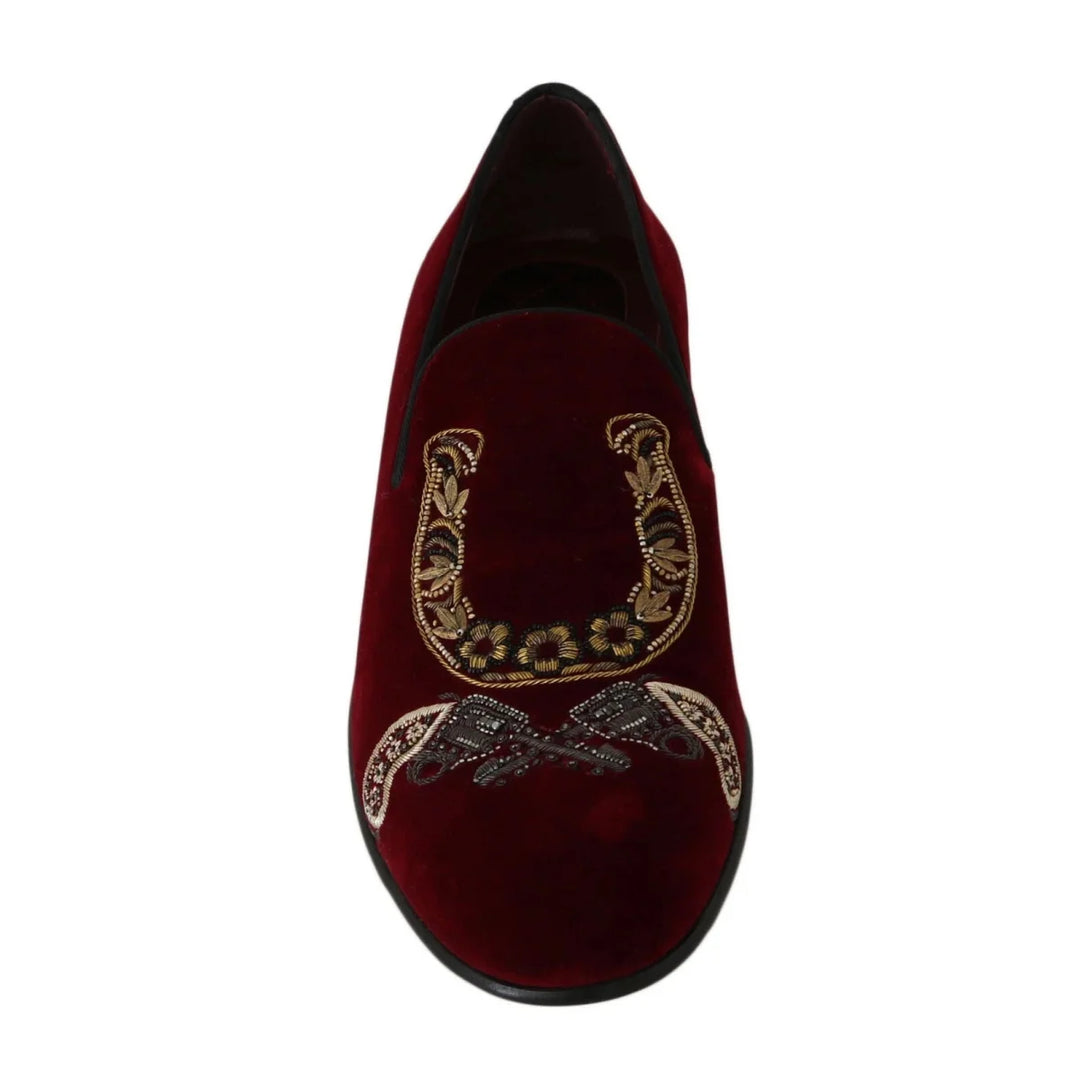 Dolce & Gabbana Bordeaux Velvet Loafers Gun Horseshoe Shoes