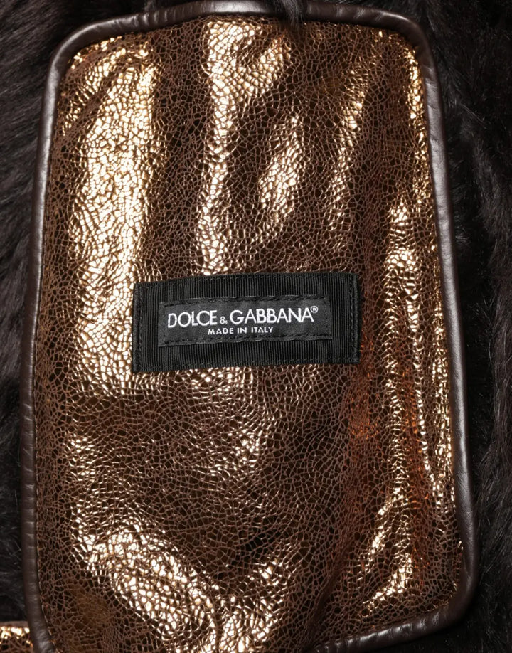 Dolce &amp; Gabbana Bronze Leather Fur Full Zip Men Biker Jacket