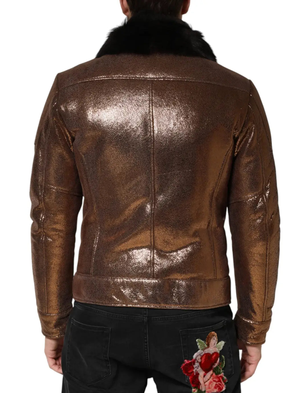 Dolce &amp; Gabbana Bronze Leather Fur Full Zip Men Biker Jacket