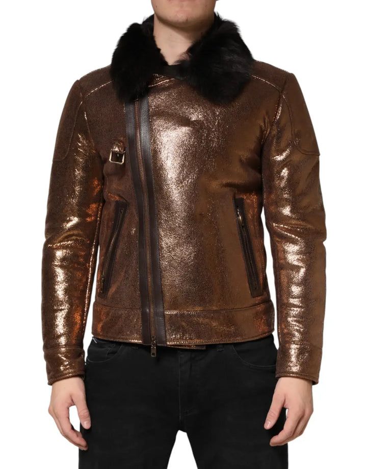Dolce &amp; Gabbana Bronze Leather Fur Full Zip Men Biker Jacket