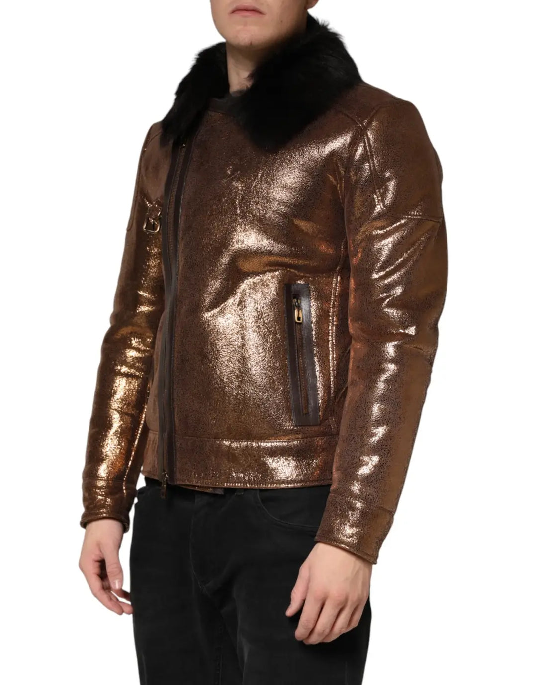 Dolce &amp; Gabbana Bronze Leather Fur Full Zip Men Biker Jacket