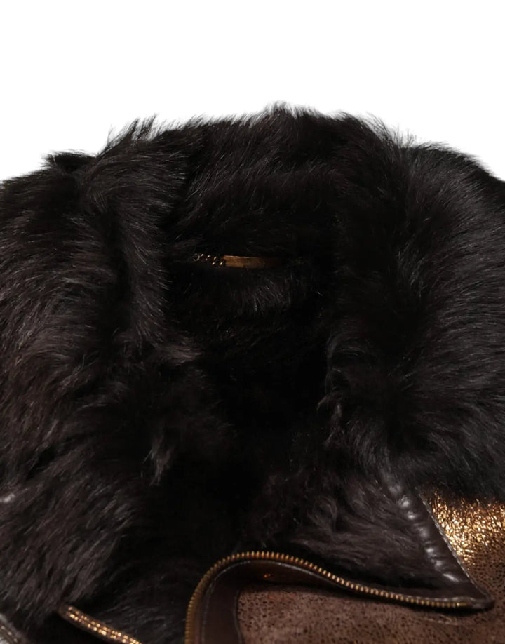 Dolce &amp; Gabbana Bronze Leather Fur Full Zip Men Biker Jacket