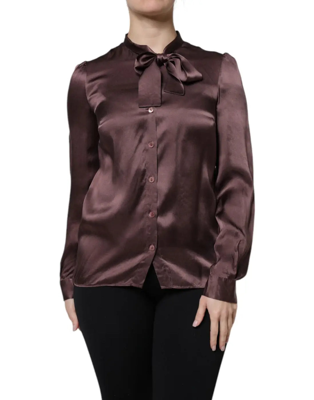 Dolce &amp; Gabbana Brown Ascot Collar Long Sleeve Blouse Top