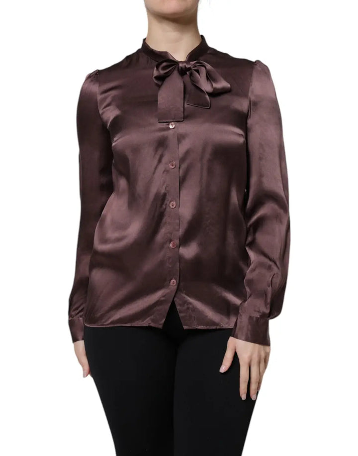 Dolce &amp; Gabbana Brown Ascot Collar Long Sleeve Blouse Top