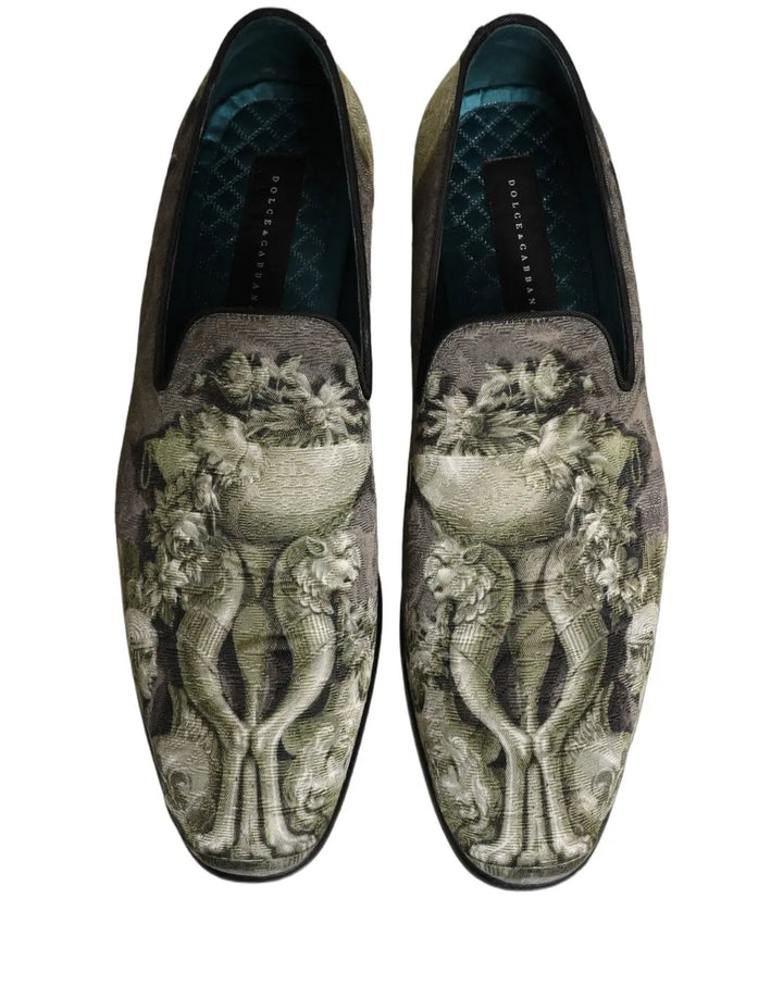 Dolce &amp; Gabbana Brown Baroque Print Slip On Loafers Shoes