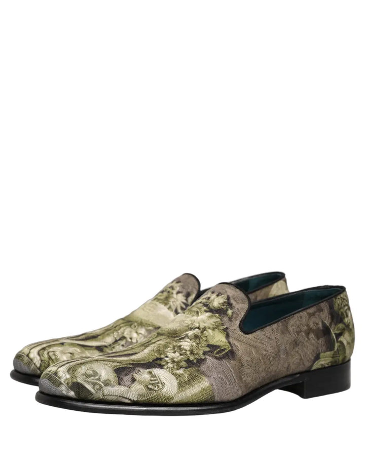 Dolce &amp; Gabbana Brown Baroque Print Slip On Loafers Shoes